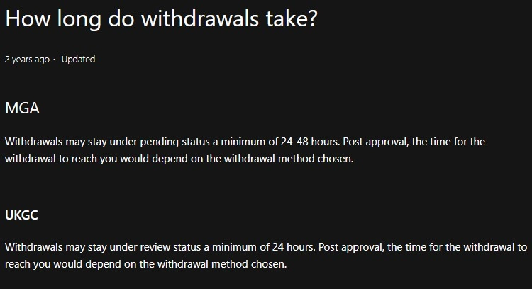 Screen image of the official 21 Casino Help Centre withdrawal timing article showing the UK withdrawal review statement