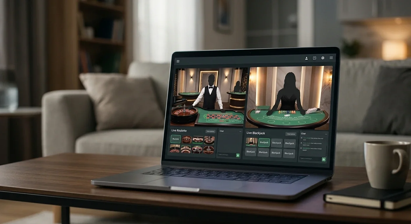 Generic live-dealer casino scene with roulette and blackjack tables displayed on a laptop, with no real casino branding or provider logos