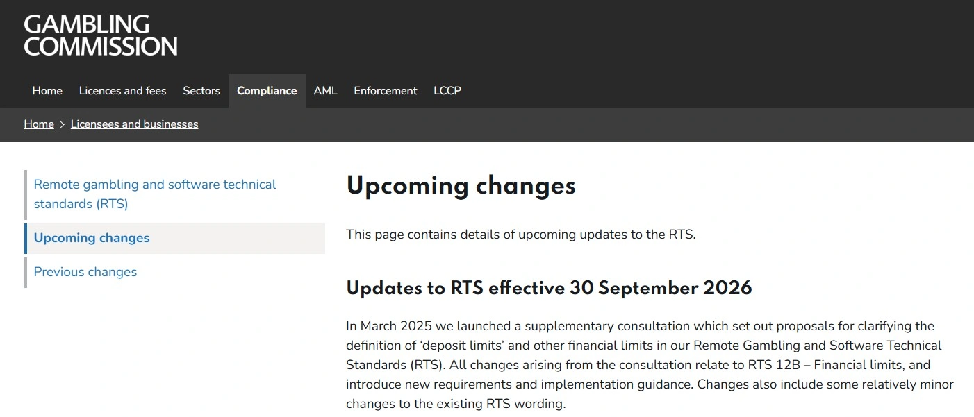 Screen image target of the UK Gambling Commission RTS upcoming changes page showing the 30 September 2026 effective date for RTS 12B financial-limit changes