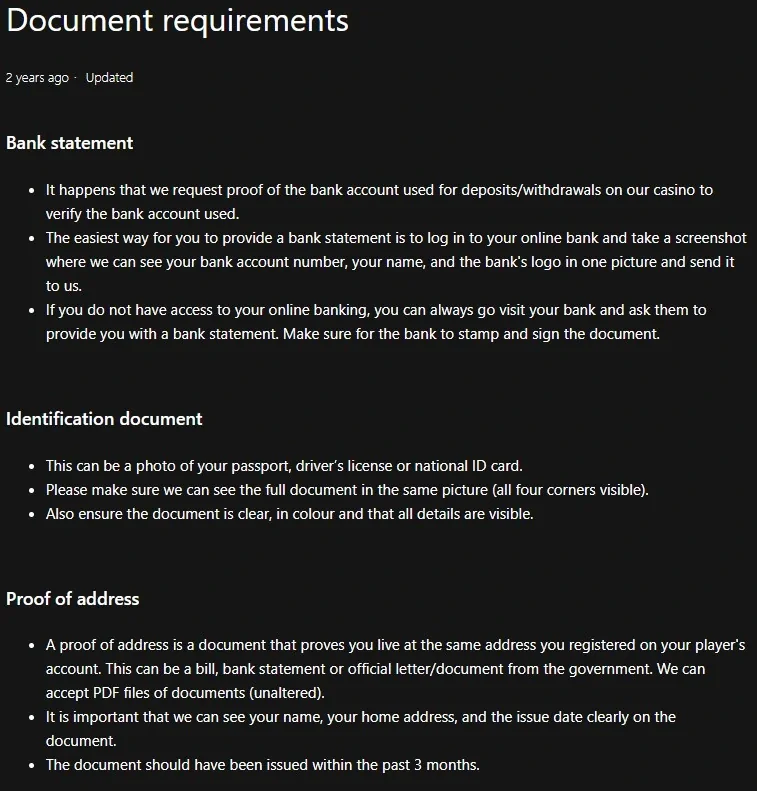 Screen image target of the official 21 Casino Help Centre Document requirements article showing KYC document categories