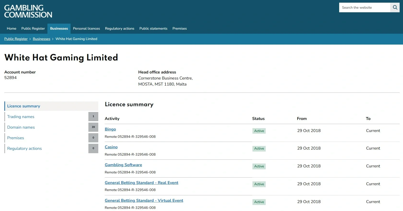 UK Gambling Commission licence summary for White Hat Gaming Limited account 52894